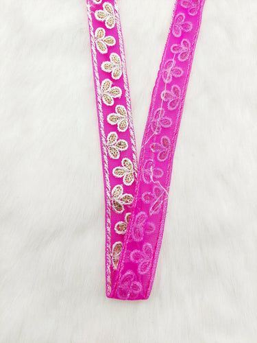 Wholesale Fuchsia Net Lace Floral Embroidery & Glitter Gold Sequins, Indian Wedding Border, Gifting Ribbon Costume Trim Fashion Trimming